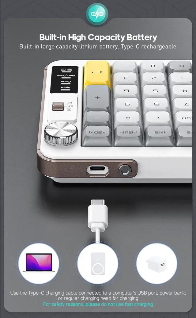 Alt view image 5 of 5 - TISHLED Wireless Keyboard with Volume Knob, 2.4G+Bluetooth Multi-Device Keyboard USB-C Rechargeable, Compact 99-Key with Number Pad, Comfortable Scissor Switches for Win/Mac, White+Grey+Yellow