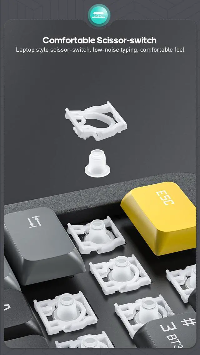 Alt view image 4 of 5 - TISHLED Wireless Keyboard with Volume Knob, 2.4G+Bluetooth Multi-Device Keyboard USB-C Rechargeable, Compact 99-Key with Number Pad, Comfortable Scissor Switches for Win/Mac, White+Grey+Yellow