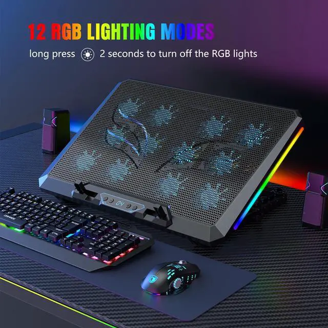 Alt view image 2 of 5 - Trullypine Laptop Cooling Pad with 12 Quiet Fans, Slim Portable for 12-17.3 Inch Laptop Cooler Stand, RGB Lighting, with 5 Height Adjustable, Gaming Cooling Fan Pad, USB/Type-C & Phone Holder (LCD)