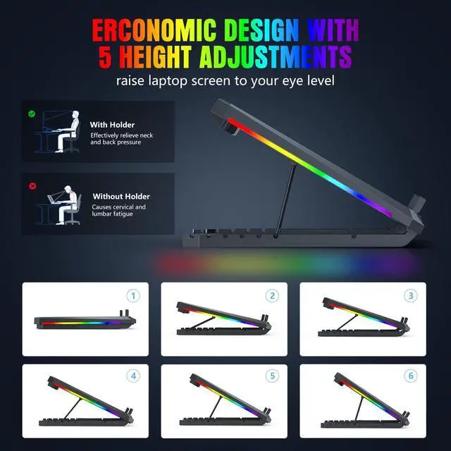Alt view image 4 of 5 - Trullypine Laptop Cooling Pad with 12 Quiet Fans, Slim Portable for 12-17.3 Inch Laptop Cooler Stand, RGB Lighting, with 5 Height Adjustable, Gaming Cooling Fan Pad, USB/Type-C & Phone Holder (LCD)