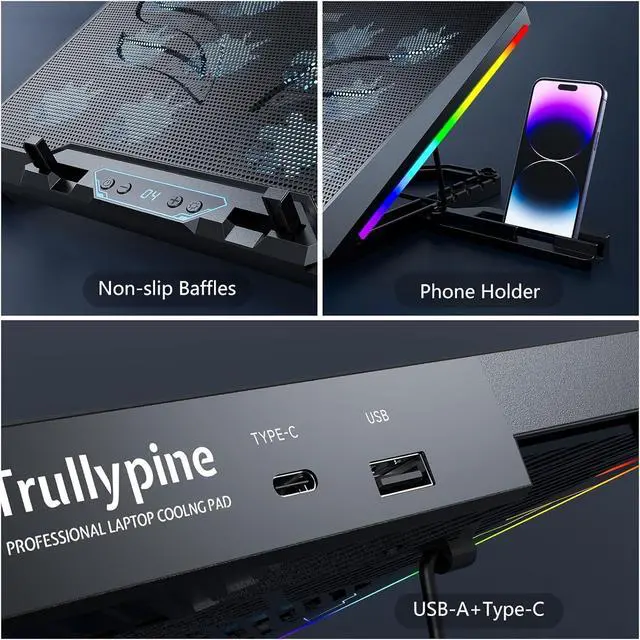 Alt view image 5 of 5 - Trullypine Laptop Cooling Pad with 12 Quiet Fans, Slim Portable for 12-17.3 Inch Laptop Cooler Stand, RGB Lighting, with 5 Height Adjustable, Gaming Cooling Fan Pad, USB/Type-C & Phone Holder (LCD)