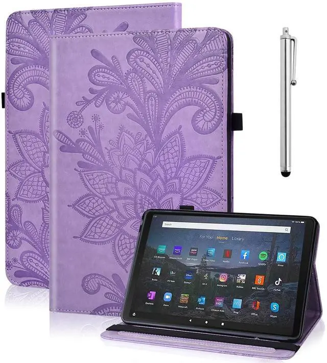 Main image of Kindle Fire Max 11 Case (2023) - Embossed Lace PU Leather Flip Folio with Elastic Band & Card Slots, Multi-Angle Stand, Purple