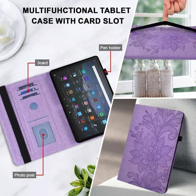 Alt view image 4 of 5 - Kindle Fire Max 11 Case (2023) - Embossed Lace PU Leather Flip Folio with Elastic Band & Card Slots, Multi-Angle Stand, Purple