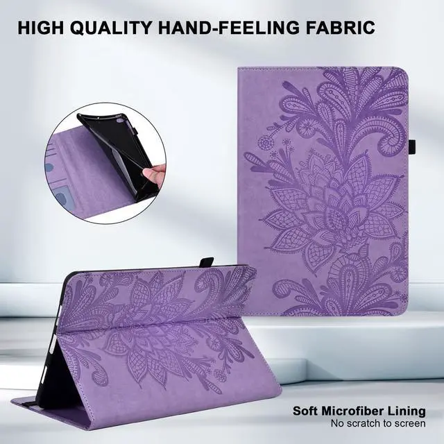 Alt view image 5 of 5 - Kindle Fire Max 11 Case (2023) - Embossed Lace PU Leather Flip Folio with Elastic Band & Card Slots, Multi-Angle Stand, Purple