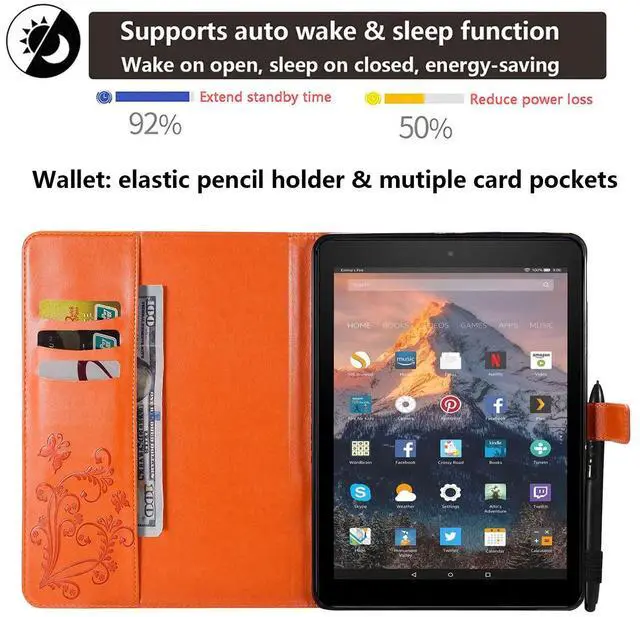 Alt view image 4 of 5 - UUcovers Case for  Kindle Fire HD 10/HD 10 Plus (Only Fits 11th Generation, 2021) with Pencil Holder/Pockets [Auto Sleep/Wake] Stand Embossed PU Leather Magnetic Folio Cover, Orange Butterfly