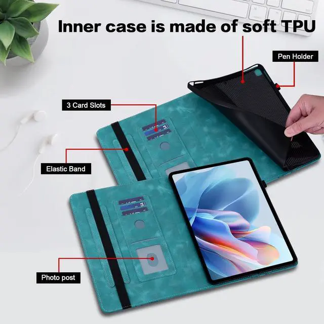 Alt view image 3 of 5 - TUOLISG Case for  Kindle Fire HD 10 9th/7th/5th Generation 10.1 Inch (2019/2017/2015) with Card Slots, Embossed PU Leather Shockproof Stand Case for Fire HD 10 9th/7th/5th Gen, Green