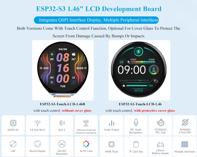 Alt view image 2 of 5 - ESP32-S3 1.46inch Round Touch Display Development Board, IPS Display Panel, 412×412 Pixel, Accelerometer and Gyroscope Sensor, Onboard Speaker and Microphone, ESP32 with Display, with Cover Glass