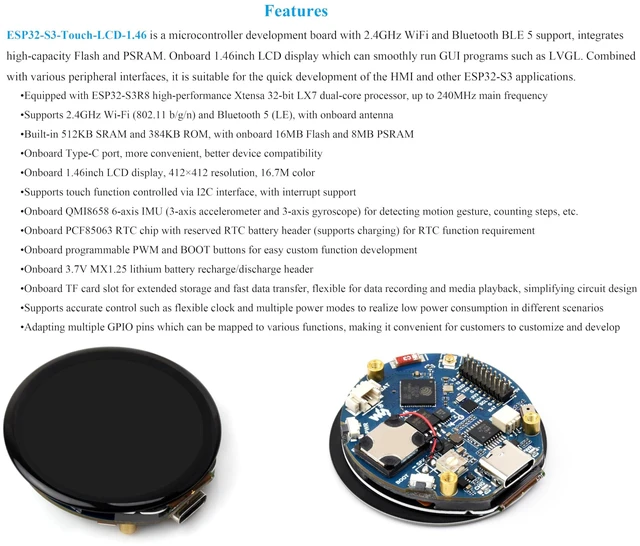 Alt view image 5 of 5 - ESP32-S3 1.46inch Round Touch Display Development Board, IPS Display Panel, 412×412 Pixel, Accelerometer and Gyroscope Sensor, Onboard Speaker and Microphone, ESP32 with Display, with Cover Glass