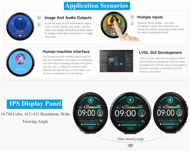 Alt view image 4 of 5 - ESP32-S3 1.46inch Round Touch Display Development Board, IPS Display Panel, 412×412 Pixel, Accelerometer and Gyroscope Sensor, Onboard Speaker and Microphone, ESP32 with Display, with Cover Glass