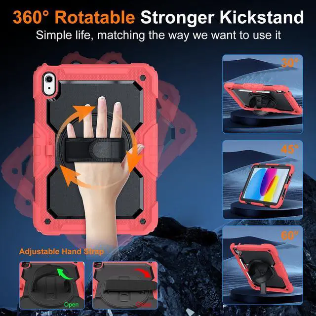 Alt view image 3 of 5 - Ubearkk Case for iPad (A16) 11th Generation 11 Inch (2025), for iPad 10th Generation 10.9 inch 2022 case with Screen Protector, 360 Degree Rotating Stand/Adjustable Shoulder Strap/Pencil Holder, Red