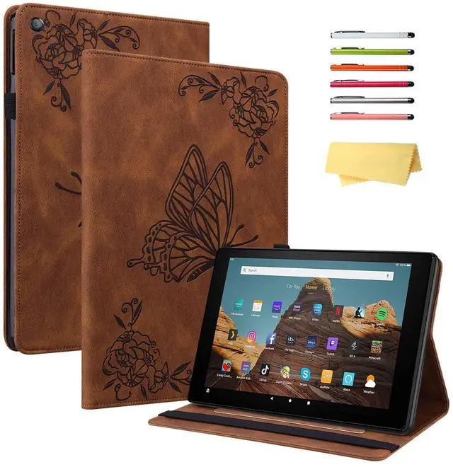 Main image of UUcovers Fire HD 10 Case 9th/7th/5th Generation 10.1" (2019/2017/2015), Slim Folio Stand Wallet with Pencil Holder Elastic Band [Auto Sleep/Wake] Embossed PU Leather Cover, Brown Flower Butterfly