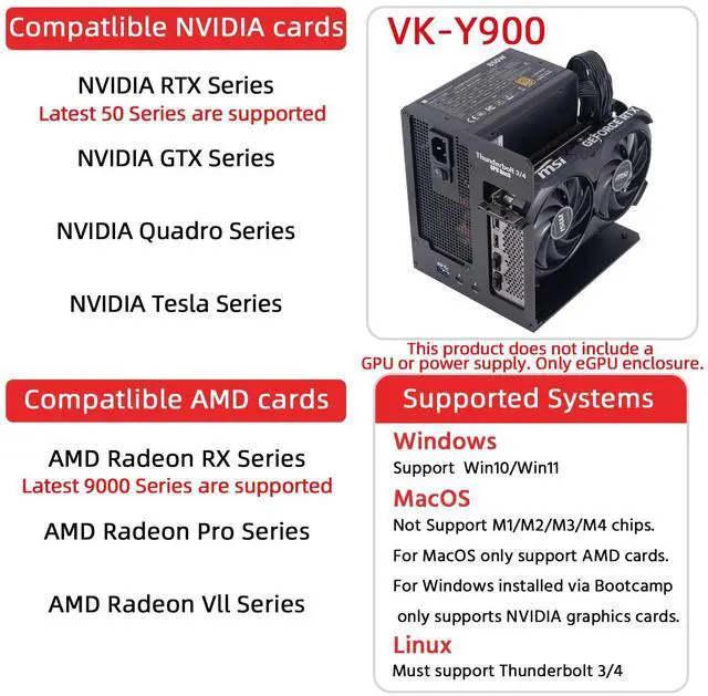 Alt view image 5 of 5 - VIKINYEE Thunderbolt 3/4 eGPU Enclosure Compatible with USB4, Support NVIDIA AMD Graphics Card and PCIe Cards, Using ATX Power Supply, Support PD 85W Charging (VK-Y900)