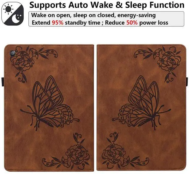 Alt view image 4 of 5 - UUcovers Fire HD 10 Case 9th/7th/5th Generation 10.1" (2019/2017/2015), Slim Folio Stand Wallet with Pencil Holder Elastic Band [Auto Sleep/Wake] Embossed PU Leather Cover, Brown Flower Butterfly