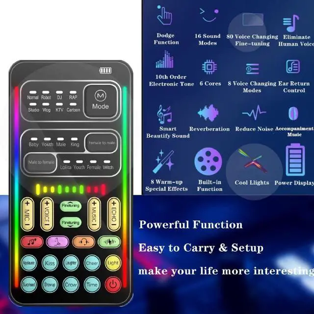 Alt view image 2 of 5 - Portable Voice Changer, 8 Voice Changes Live Sound Card, Cool LED Lights Sound Board, Voice Disguiser, Modulator for for for One for PC,Phone,Laptops