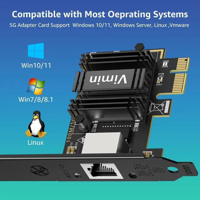Alt view image 5 of 5 - VIMIN 5G Base-T PCIe Network Card with Realtek RTL8126, 5G Network Card RJ45 Port, 5G/2.5G/1000/100 Mbit/s, PCI Express Ethernet Adapter for Windows, Vmware and Linux, Compatible with PCle x4, x8, x16