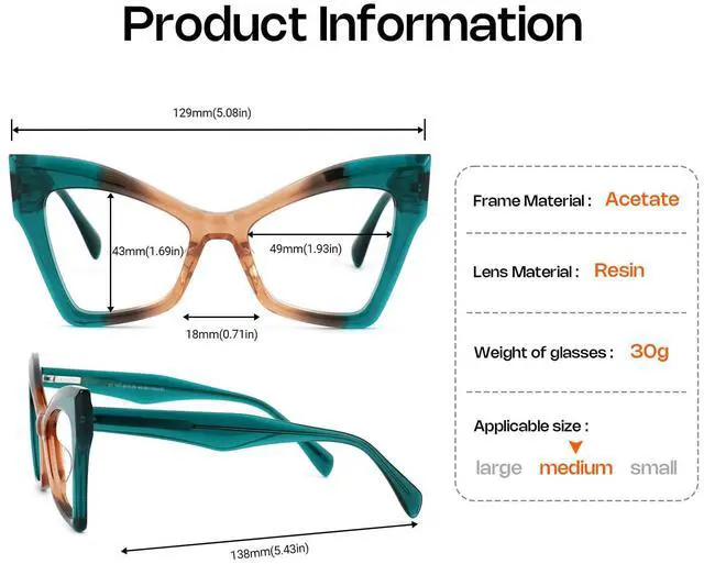 Alt view image 5 of 5 - VOOGLAM Cat Eye Spring Hinge Women's Non-Prescription Glasses with HD Clear Lenses in Two-Tone Fine Flash Acetate Frame