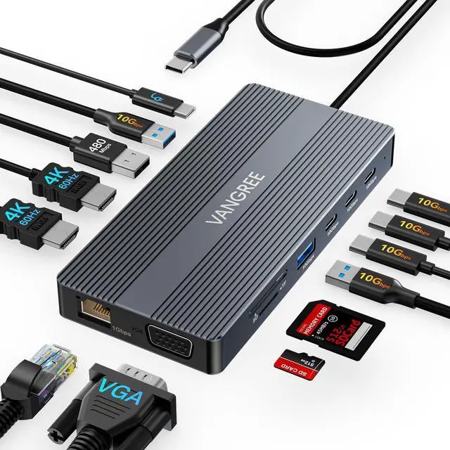 Main image of USB C Docking Station, 14 in 1 USB C Hub Multiport Adapter, Triple Display 3 Monitors with Dual 4K HDMI+VGA, 100W PD, 5xUSB A/C 10Gbps, Ethernet, SD/TF, Audio Ports for Laptop/Lenovo/Dell/HP/Surface