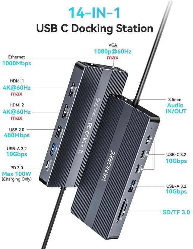 Alt view image 2 of 5 - USB C Docking Station, 14 in 1 USB C Hub Multiport Adapter, Triple Display 3 Monitors with Dual 4K HDMI+VGA, 100W PD, 5xUSB A/C 10Gbps, Ethernet, SD/TF, Audio Ports for Laptop/Lenovo/Dell/HP/Surface