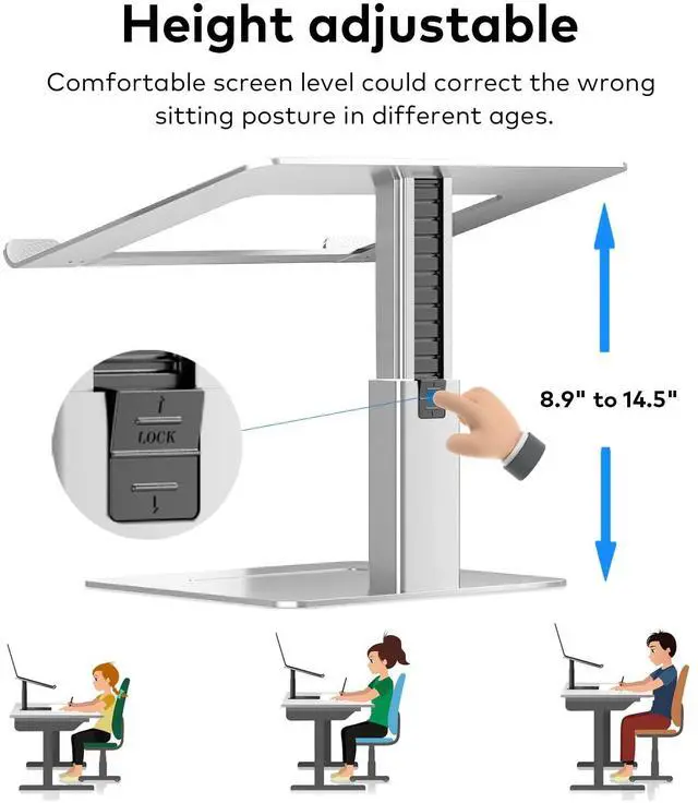 Alt view image 3 of 5 - VECOFO Laptop Stand for Desk, Ergonomic Aluminum Laptop Stand Adjustable Height from 7-15", Sitting and Standing Laptop Riser for 10-17" Notebook (Silver)