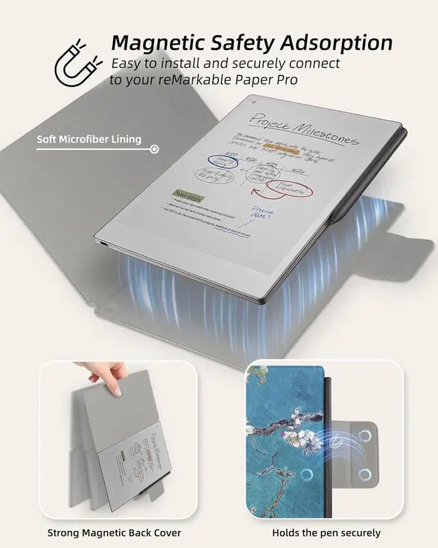Alt view image 3 of 5 - WALNEW Case for Remarkable Paper Pro,Magnetic Slim Book Folio Cover with Pen Clasp, Auto Sleep/Wake Protective Cover for Remarkable Paper Pro 11.8" (2024 Released) (Tree and Flower)
