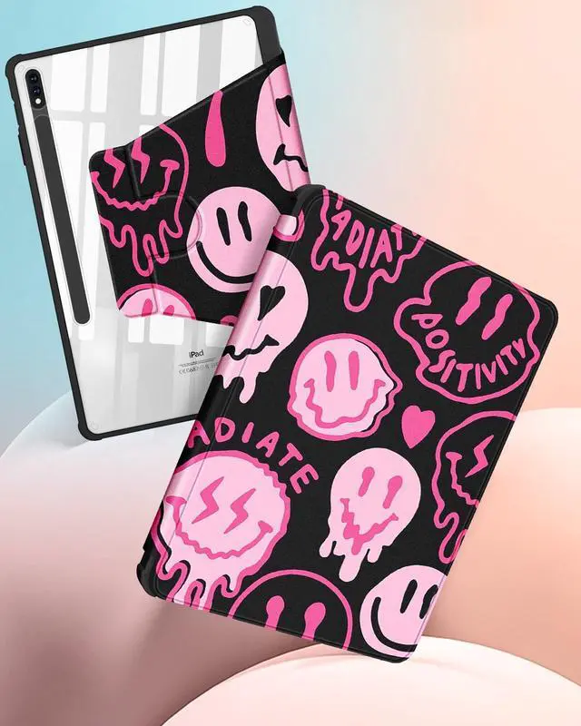 Alt view image 4 of 5 - Wazzasoft for Samsung Galaxy Tab S7/S8 Plus Case - 12.4 Inch Folio Cover Pencil Holder - Women/Girls Cute Girly Smile Unique Design - Rotating Tablet Case