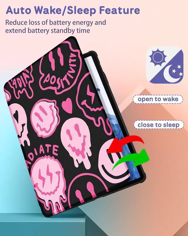 Alt view image 5 of 5 - Wazzasoft for Samsung Galaxy Tab S7/S8 Plus Case - 12.4 Inch Folio Cover Pencil Holder - Women/Girls Cute Girly Smile Unique Design - Rotating Tablet Case