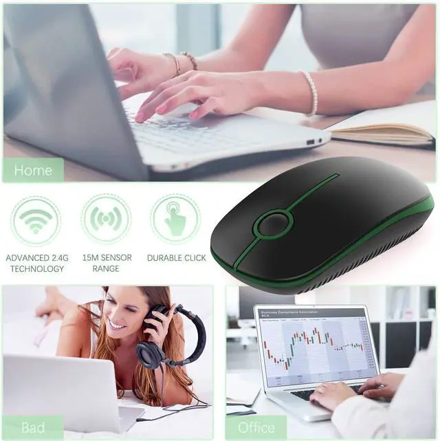 Alt view image 4 of 5 - VssoPlor Wireless Mouse, 2.4G Slim Portable Computer Mice with Nano Receiver for Notebook, PC, Laptop, Computer-Black Green+Black Wine Red