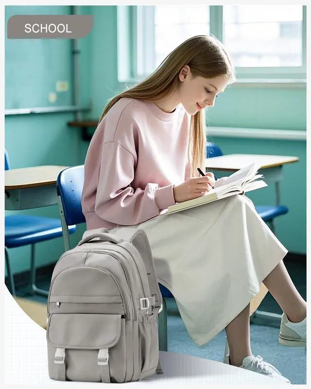 Alt view image 2 of 5 - weradar Waterproof Aesthetic Backpack For School, Cute High School Bookbag For Teen Girls Boys, Lightweight Casual Daypack Backpack For Women Men, College Backpack With Lots Of Pockets(Gray Brown)