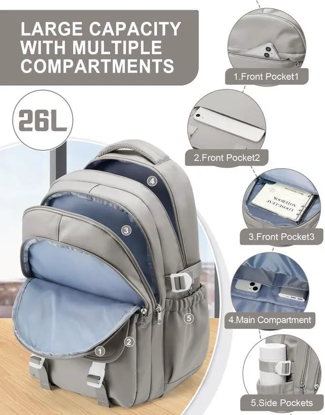 Alt view image 4 of 5 - weradar Waterproof Aesthetic Backpack For School, Cute High School Bookbag For Teen Girls Boys, Lightweight Casual Daypack Backpack For Women Men, College Backpack With Lots Of Pockets(Gray Brown)