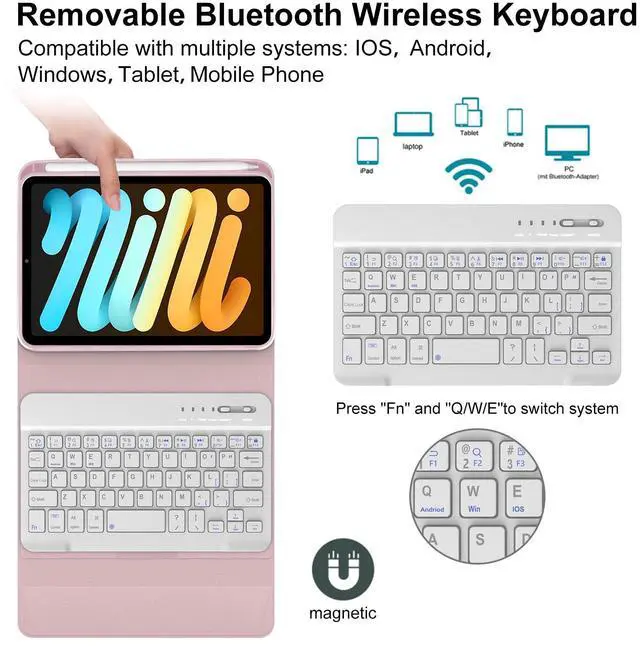 Alt view image 4 of 5 - WINCHKING Keyboard Case for iPad mini (A17 Pro) 7th Generation/Mini 6th Gen 8.3 Inch,Magnetically Detachable Wiress Keyboard Folio Case with Pencil Holder for iPad mini 7/6 (Pink)