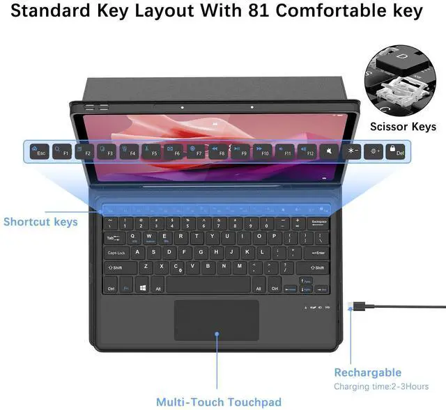 Alt view image 3 of 5 - WINCHKING Touchpad Keyboard Case for Lenovo Tab P12 12.7Inch 2023,Detachable Wireless Keyboard Folio Case with Pen Holder for Lenovo TB-370FU Tablet,Black
