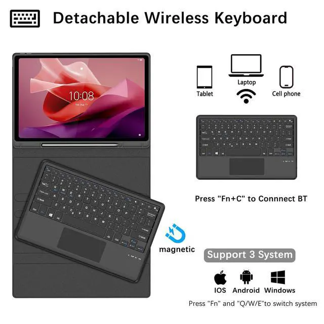 Alt view image 4 of 5 - WINCHKING Touchpad Keyboard Case for Lenovo Tab P12 12.7Inch 2023,Detachable Wireless Keyboard Folio Case with Pen Holder for Lenovo TB-370FU Tablet,Black
