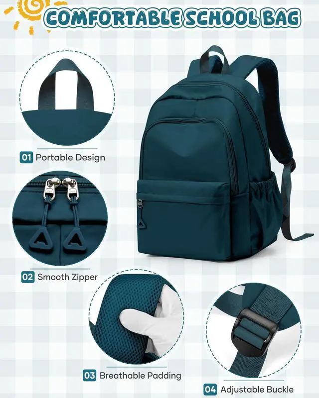 Alt view image 4 of 5 - winspansy Backpack for School Teenage Girls Boys,Waterproof Lightweight School Bags Travel Daypack Simple Cute College Backpack Rucksack for Women Men fit 14 Inch Laptop,Peacock Blue