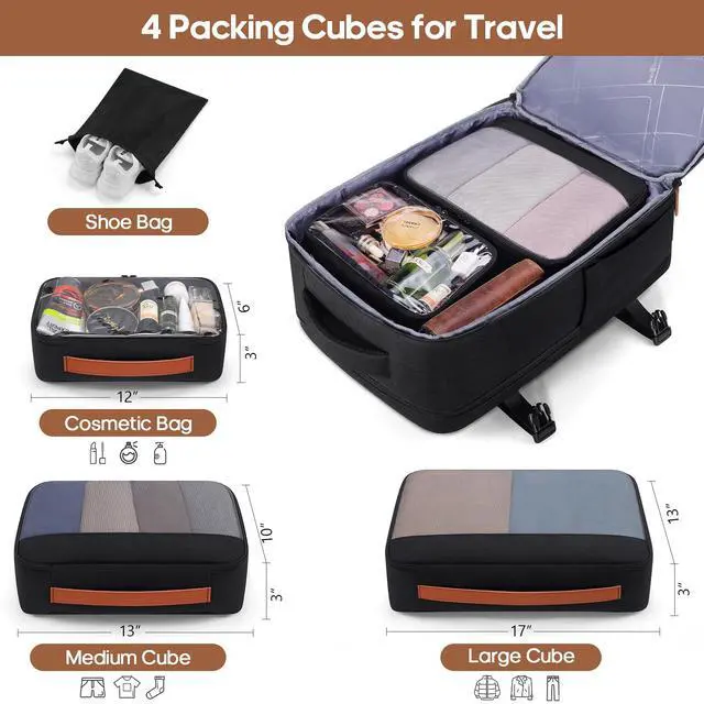 Alt view image 3 of 5 - Winilla Travel Backpack, 17Inch Laptop Backpack, Carry-on Approved Bag for Men & Women, Waterproof Luggage with Packing Cubes, Shoe Pocket, Personal Item Size for Flights