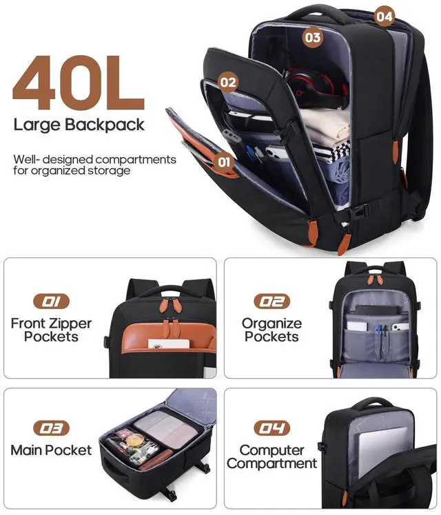 Alt view image 4 of 5 - Winilla Travel Backpack, 17Inch Laptop Backpack, Carry-on Approved Bag for Men & Women, Waterproof Luggage with Packing Cubes, Shoe Pocket, Personal Item Size for Flights