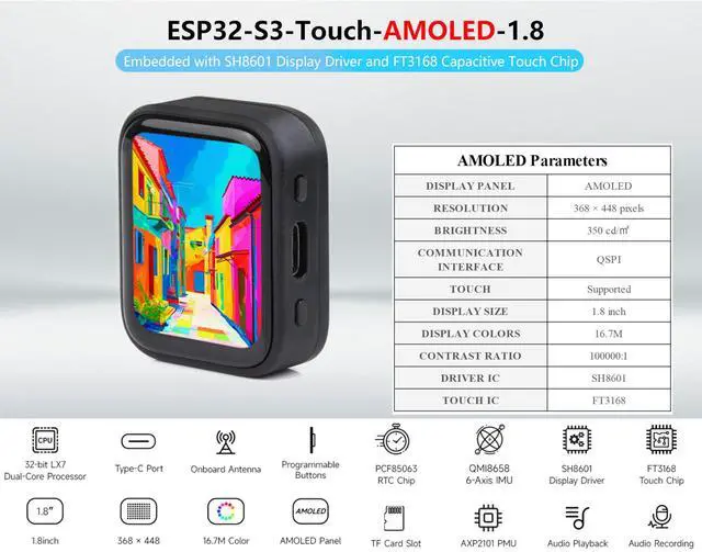 Alt view image 2 of 5 - ESP32-S3 1.8inch AMOLED Touch Screen Development Board, 368x448 Pixels, Dual-Core Processor, Onboard Audio Codec, Support Offline Speech Recognition and AI Speech Interaction, for Smart Devices