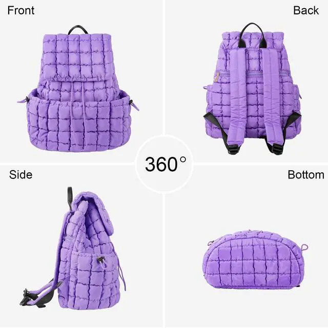 Alt view image 3 of 5 - XSUIOY Quilted Backpack Purse for Women Small Lightweight Puffer Puffy College Laptop Backpack Nylon Casual Bookbag Daypack Top Flap Drawstring Padding Hiker Travel Gym Backpack(Purple)