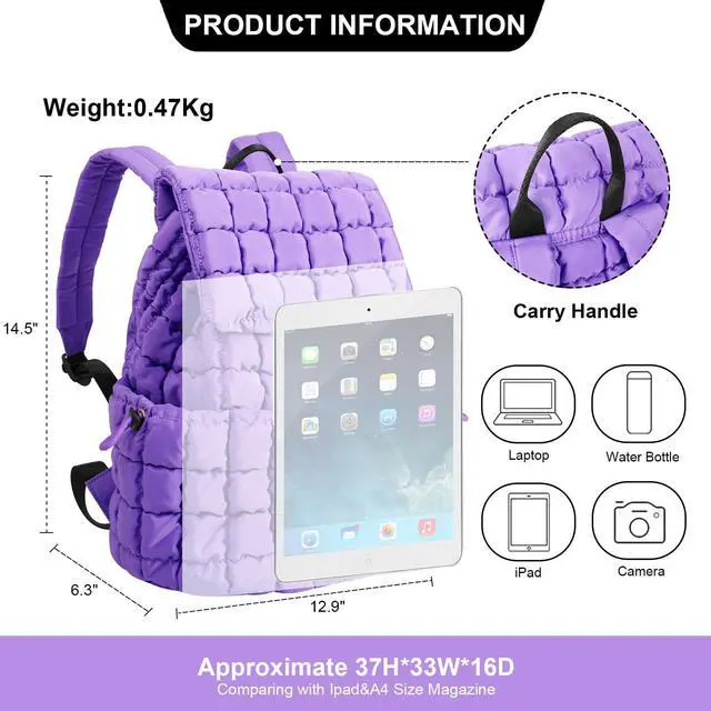 Alt view image 2 of 5 - XSUIOY Quilted Backpack Purse for Women Small Lightweight Puffer Puffy College Laptop Backpack Nylon Casual Bookbag Daypack Top Flap Drawstring Padding Hiker Travel Gym Backpack(Purple)