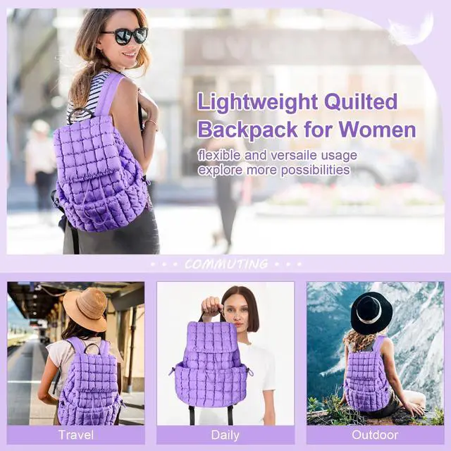 Alt view image 5 of 5 - XSUIOY Quilted Backpack Purse for Women Small Lightweight Puffer Puffy College Laptop Backpack Nylon Casual Bookbag Daypack Top Flap Drawstring Padding Hiker Travel Gym Backpack(Purple)