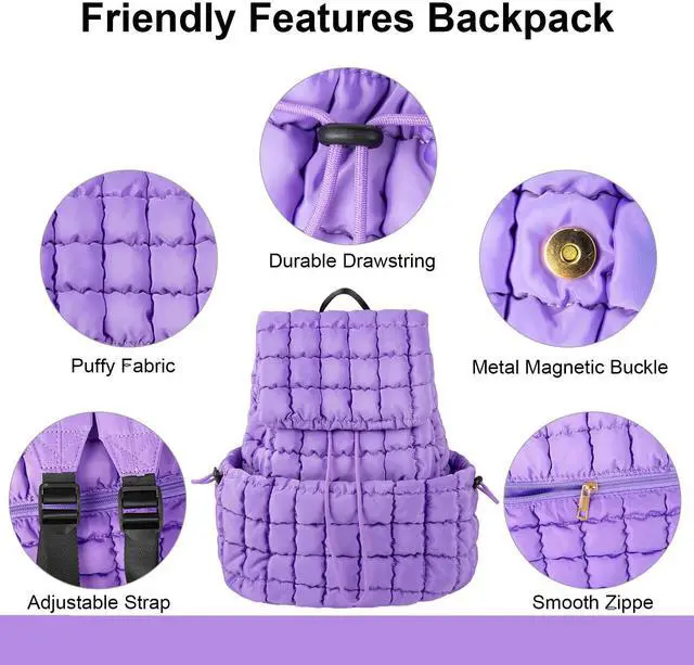 Alt view image 4 of 5 - XSUIOY Quilted Backpack Purse for Women Small Lightweight Puffer Puffy College Laptop Backpack Nylon Casual Bookbag Daypack Top Flap Drawstring Padding Hiker Travel Gym Backpack(Purple)
