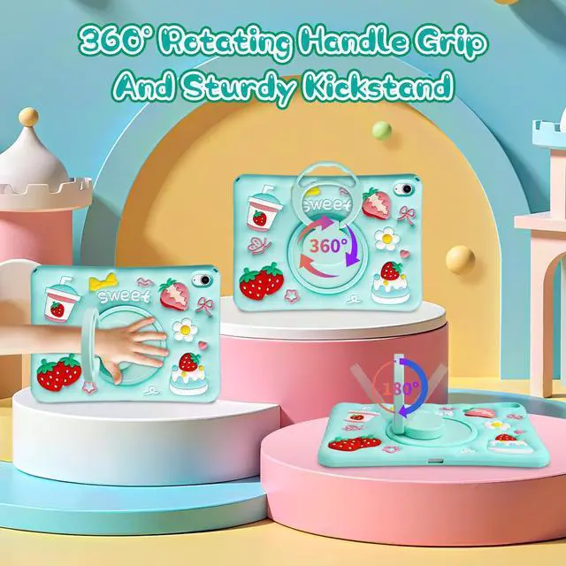 Alt view image 3 of 5 - for iPad 10th Generation Case 10.9 inch 2022 for iPad A16 11th Generation Case 2025 with Screen Protector Shoulder Strap 3D Cartoon Cases with 360 Degree Rotating Stand Shockproof Protective Cover