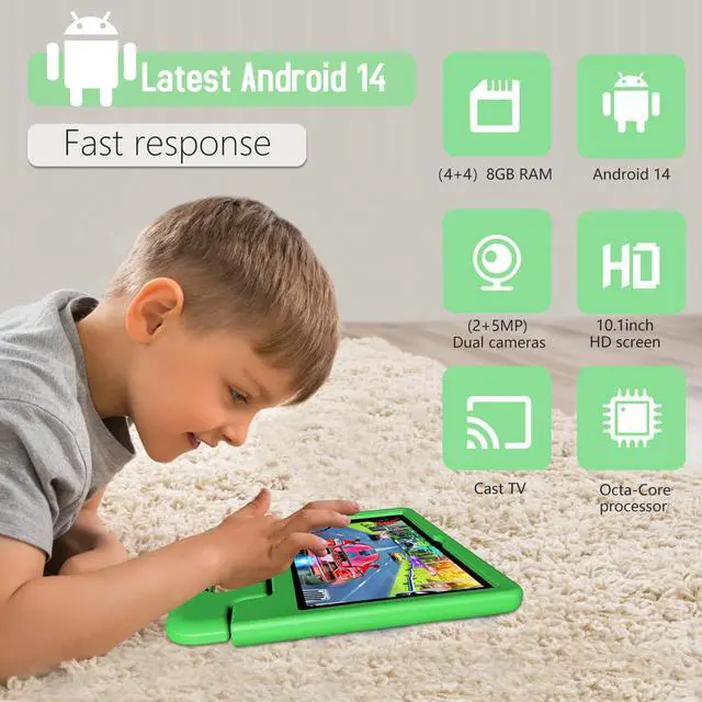 Alt view image 2 of 5 - Tablet for Kids Age 3-12 10.1 inch Android 14 6000mAh 8GB RAM+64GB ROM Expandable to 1TB Kids Tablets WiFi6 Google Kids Space Parental Control 1280 * 800 HD Screen - Green