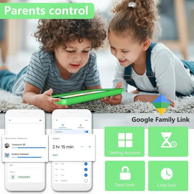 Alt view image 3 of 5 - Tablet for Kids Age 3-12 10.1 inch Android 14 6000mAh 8GB RAM+64GB ROM Expandable to 1TB Kids Tablets WiFi6 Google Kids Space Parental Control 1280 * 800 HD Screen - Green