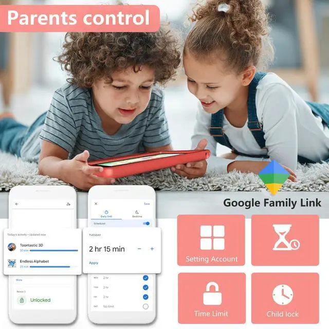 Alt view image 3 of 5 - Tablet for Kids Age 3-12 10.1 inch Android 14 6000mAh 8GB RAM+64GB ROM(Expandable to 1TB Kids Tablet WiFi6 Google Kids Space Parental Control 1280 * 800 HD Screen - Black