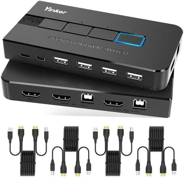 Main image of Yinker 4K 60Hz KVM Switch HDMI 4 Port, USB HDMI KVM Switch 4 Computer 2 Monitor Keyboard Mouse + KVM Cables + 4 USB 2.0