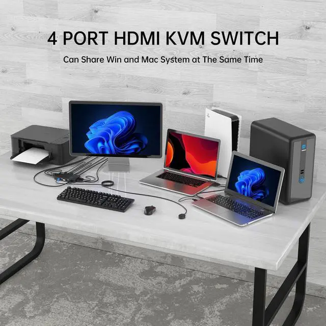 Alt view image 3 of 5 - Yinker 4K 60Hz KVM Switch HDMI 4 Port, USB HDMI KVM Switch 4 Computer 2 Monitor Keyboard Mouse + KVM Cables + 4 USB 2.0