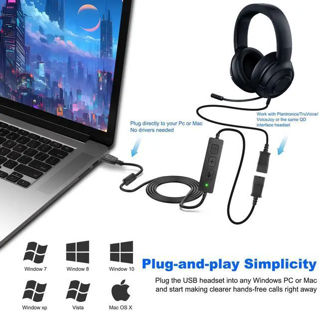 Alt view image 5 of 5 - XMSJSIY USB to QD Headset Adapter Compatible with QD (Quick Disconnect) to USB Type A Plug Adapter Cord with in-line Volume & Mic Mute Control Connects Headset to PC, Laptop- 1.5M/4.9FT