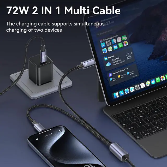 Alt view image 2 of 5 - USAMS 2-in-1 USB C 72W Fast Charging Cable+4FT PD 60W USB C Multi Fast Charging Cable Compatible with Laptop/Tablet/Phone
