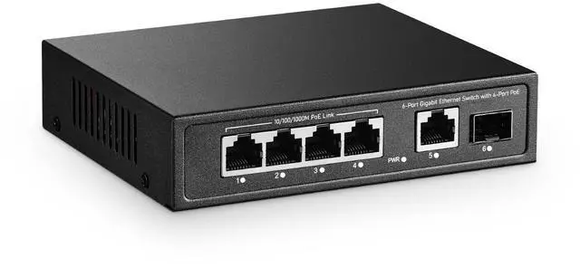 Main image of 6 Port Mini Gigabit PoE Switch with 4 PoE+ Port, 1 Gigaibt RJ45 Uplink, 1 Gigabit SFP, IEEE802.3af/at, Max 65W, YuLinca Metal Fanless Plug & Play Ethernet Switch