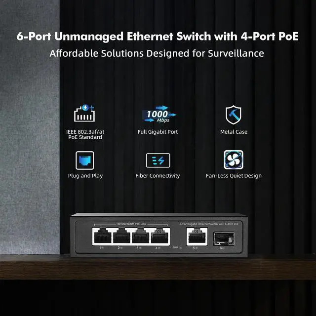 Alt view image 2 of 5 - 6 Port Mini Gigabit PoE Switch with 4 PoE+ Port, 1 Gigaibt RJ45 Uplink, 1 Gigabit SFP, IEEE802.3af/at, Max 65W, YuLinca Metal Fanless Plug & Play Ethernet Switch